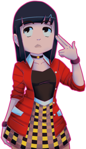 Vella looking completely done with it, pointing a finger gun at her head.