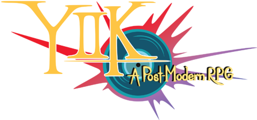 The logo for YIIK, a blue record behind the text with red lines representing an explosion.