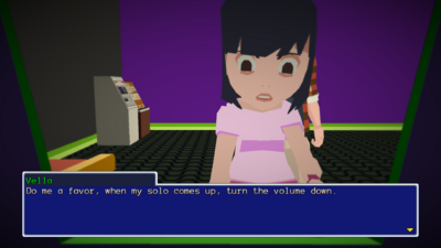A Vella from her Mind Dungeon playing an arcade game.