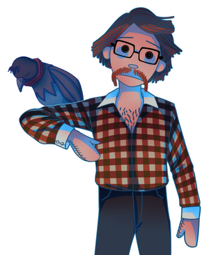 =Anthony in scarecrow form puppeted by the Krow named Marlene.