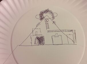 Concept drawn by Andrew Allanson for the pyramid room in the Factory Hotel. Humorously drawn on a paper plate because he couldn't find paper.[7]