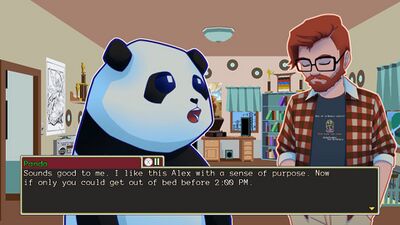 Panda teasing Alex for sleeping in often.