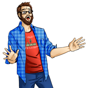 Alex in a previous version, with a blue flannel and red shirt.