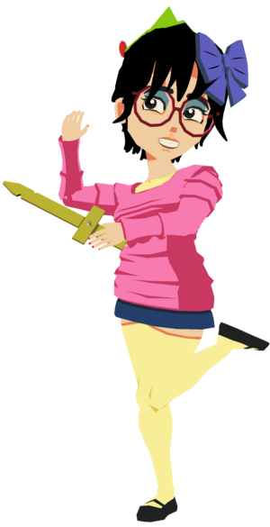 Asuka with a big teethy grin, with a blue bow on her head. She has one leg lifted up to strike a pose. She wears an angular green cap with a red feather through it.