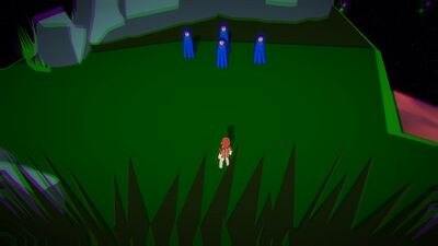 The four robed Alexs behind the rocks, soon to be the four Proto-Alexs within the comet.