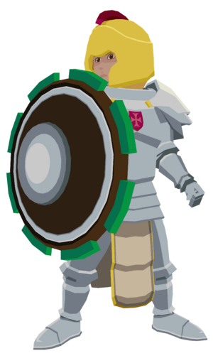 Rory in a giant suit of armor, holding a shield almost as big as him.