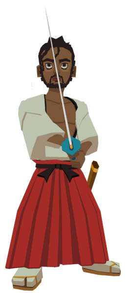 Claudio holding a katana.