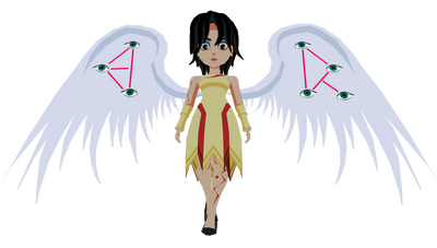 Asuka in a pale yellow dress with large angel wings. She doesn't have her glasses.