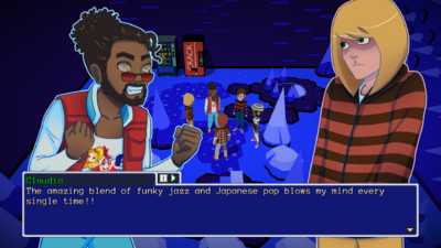 A party member, Claudio, geeking out about his favorite anime.
