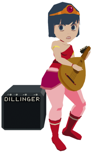 Vella with playing a lute. She has a red dress and a crown.