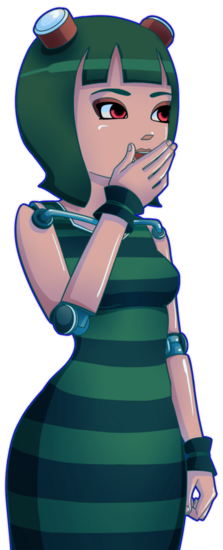 The Essentia giggling, while holding her hand to her mouth.